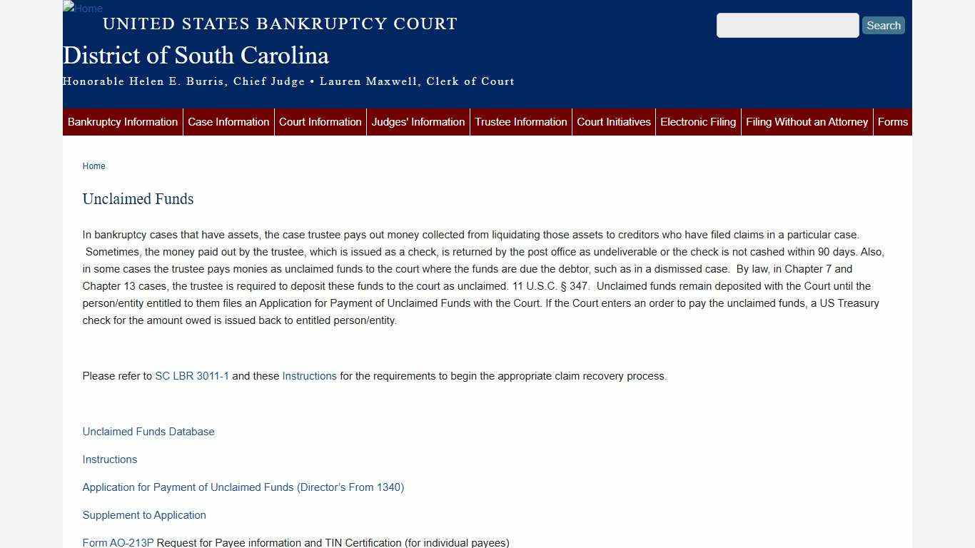 Unclaimed Funds | District of South Carolina | United States Bankruptcy Court