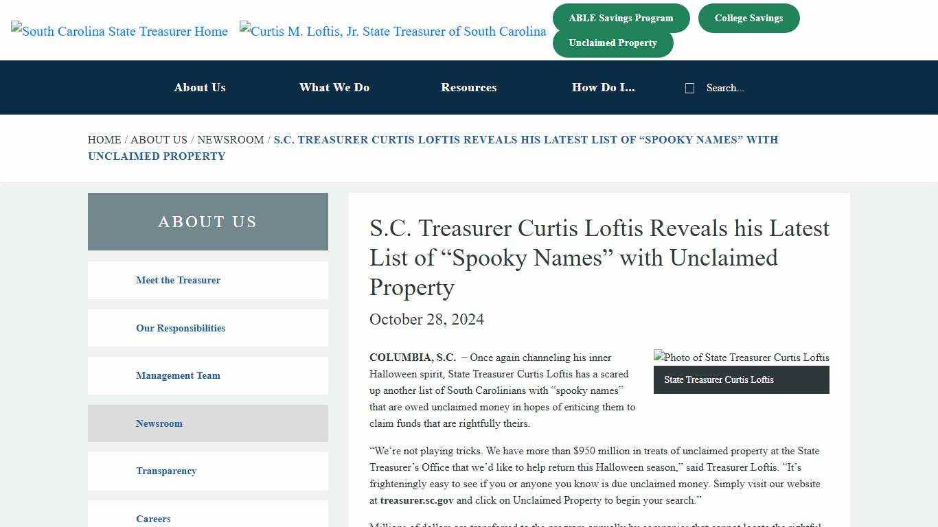S.C. Treasurer Curtis Loftis Reveals his Latest List of “Spooky Names” with Unclaimed Property - SC Office of the State Treasurer